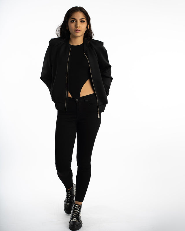 Ellis Bomber Jacket in Black – full-length front view