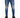 Blue jeans with distressed detailing and rips, paired with black sneakers.