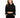 A woman wearing a black cropped hoodie with a drawstring, paired with matching black sweatpants.