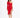 A model poses in a red, one-shoulder dress with a side slit, paired with black strappy heels.