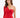 A model poses in a red, asymmetrical dress featuring a one-shoulder design and draped detailing.