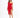 A model poses in a red, one-shoulder dress with a thigh-high slit and ruched detailing, paired with black heels.