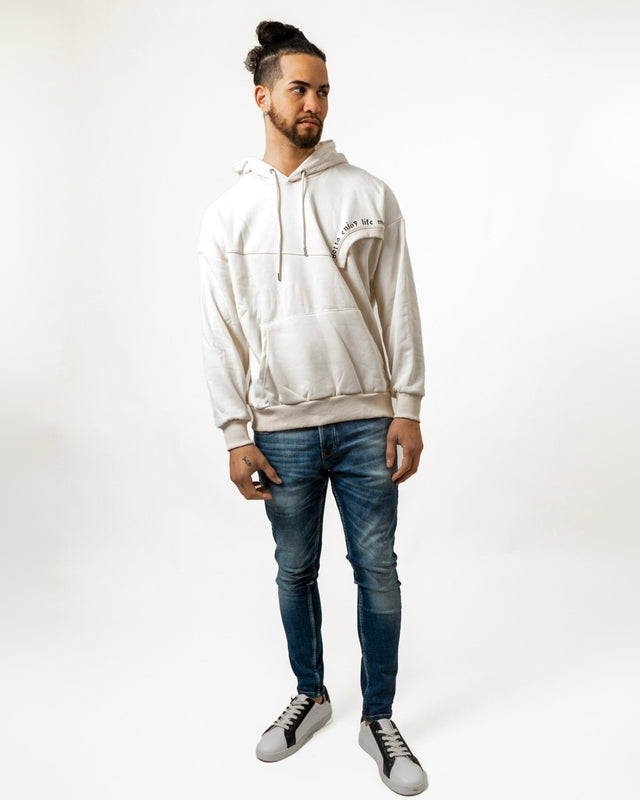 Enjoy Life Hoodie in Beige – full-length front view