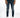 Fitted blue denim jeans with distressed details and a zippered section at the knee, paired with white sneakers.