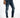 Fitted blue denim jeans with distressed details and a zippered pocket, paired with white sneakers.