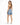 A woman with long hair is wearing a fitted brown tank top and denim shorts, standing with her back to the camera.