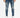Fitted blue jeans with distressed detailing, paired with white sneakers and a light-colored shirt.