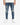 Fitted blue jeans with distressed detailing, paired with white sneakers and a light-colored shirt.