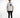 A model stands wearing a white graphic t-shirt with text and a photo, paired with black slim-fit jeans and sneakers.