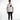 A model stands wearing a white graphic t-shirt with text and a photo, paired with black slim-fit jeans and sneakers.