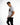 A young man poses in a fitted white t-shirt featuring bold text and graphic elements, paired with black jeans.