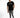 A model wearing a black t-shirt with a graphic design, paired with distressed gray jeans and stylish sneakers.