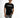A young man poses in a black short-sleeve shirt featuring a graphic text design, paired with distressed gray jeans.