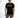 A model wearing a black short-sleeve shirt with a graphic design, paired with distressed gray jeans.