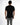 A person wearing a fitted black short-sleeve shirt and gray jeans, viewed from the back against a white background.