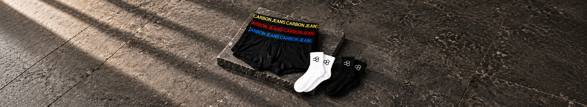 CARBON three-color waistband briefs and embroidered black and white socks on dark stone