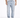 Close-up of blue washed jogger jeans showing elastic cuffs and distressed fabric.
