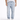 Close-up of blue washed jogger jeans showing elastic cuffs and distressed fabric.