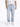 Close-up of blue washed jogger jeans showing elastic cuffs and distressed fabric.