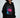 Model in an oversized black hoodie featuring a pink lips graphic, monogram print, and ruched sleeves.