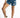 Model wearing Sunny Blue high-waisted distressed denim shorts with unique double waistband and frayed raw hem.