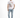 Full body view of model wearing blue distressed jeans