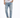 Front view of blue distressed jeans with ripped detailing