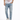 Front view of blue distressed jeans with ripped detailing