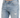 Close-up of blue distressed jeans showing front pocket and chain