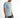 Man in light blue Heal the World graphic tee with white text on the collar and distressed denim streetwear shorts.