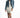 Model in oversized Jolie blue washed denim jacket with distressing, frayed hems, and silver buttons over a white dress.