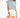 Model in blue Florida ribbed crop top with white graphic text, rolled sleeves, and white high-waisted denim shorts.