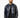 Axel Coat: Men's glossy blue bomber jacket with striped ribbed collar and cuffs, featuring a zipper sleeve pocket.