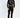 Model wearing Untimely black long sleeve graphic shirt with pixel art patches and streetwear text on a white studio background.
