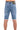 Denim shorts with a faded wash, featuring a rolled hem and two back pockets, viewed from the rear.