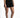 Front view of a woman wearing Lillie high-waisted black denim shorts with a relaxed fit and carbon wash finish.