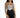 Model in Anya White Sleeveless Bodysuit with black geometric tribal pattern and high-waisted black denim shorts.