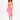 Model in pink bodycon midi dress with waist cutout, side slit, and halter straps against white studio background.