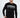 Model wearing a black Interested long-sleeve graphic shirt with a white-to-grey gradient word design on the chest.
