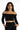 Model wears the Dulce black off-the-shoulder bodysuit in Carbon with corset ribbing and long sleeves.