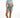 Model wearing Journi high-waisted blue washed denim shorts with raw hem and light blue cropped button-up top.