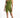 Model in olive green Karina high-waisted biker shorts and one-shoulder top, an Instagrammable athleisure set for women.