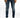 Fitted blue denim jeans with distressed details and a zippered section at the knee, paired with white sneakers.