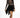 Model in Harlow black mini fringe skirt with a tan patterned long-sleeve top and heels against a white background.