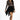 Model in Harlow black mini fringe skirt with a tan patterned long-sleeve top and heels against a white background.