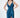 A model poses in a sleek, deep blue satin dress with a plunging neckline and a thigh-high slit.