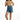 Model in Sunny blue washed denim shorts featuring a double waistband, distressed details, and frayed hem.