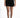 Model wears Lillie High-Waisted Carbon Black Denim Shorts with tie-dye crop top and black sneakers on white background.