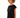 Model wearing a black Heart Top with a white graphic outline, sleeveless crop cut, and crew neck in a side view.