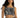 Marlee Black Knit Crop Top: Smocked streetwear top with white geometric tribal print and wide straps on a model.